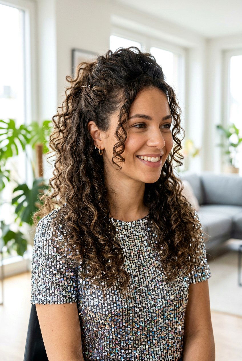 Curly Half Up Half Down - 20 bouncy hairstyle for holiday party - 20 bouncy hairstyle for holiday party
