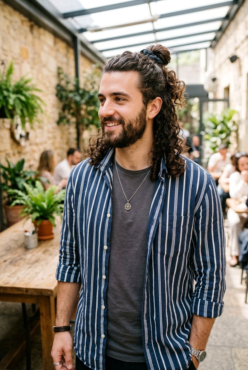 Curly Half Up Man Bun - 20 half up man bun hairstyle - 20 half up man bun hairstyle