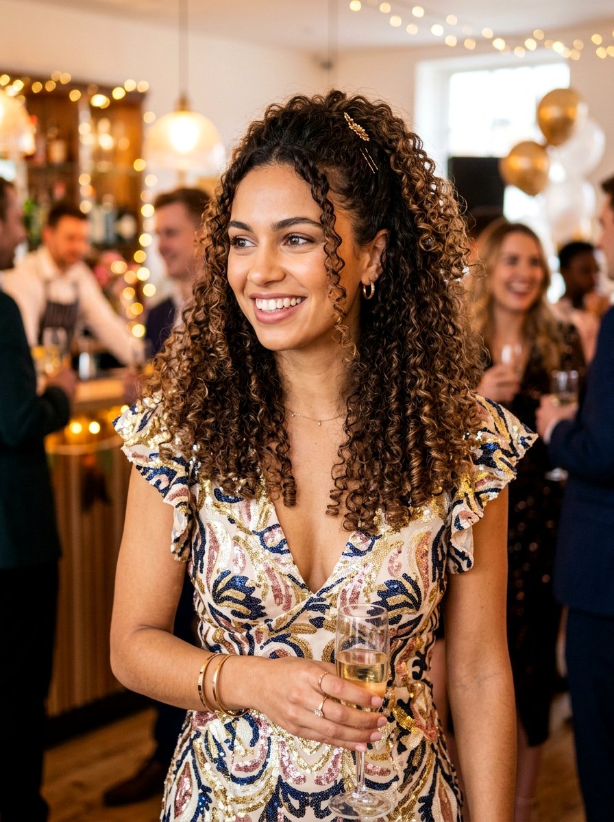 Curly Half Up Medium Layered Hair - 20 party hairstyle for medium layers - 20 party hairstyle for medium layers