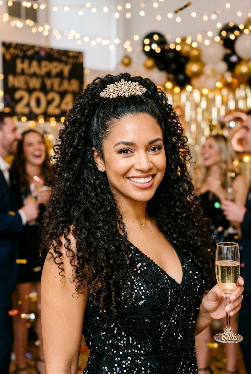 Curly Half Up New Years Eve Hairstyle - 20 new years eve hairstyles - 20 new year’s eve hairstyles