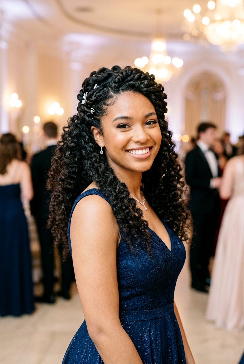 Curly Half Up Prom Style with Voluminous Twists - 20 prom hairstyles for curly hair - 20 prom hairstyles for curly hair
