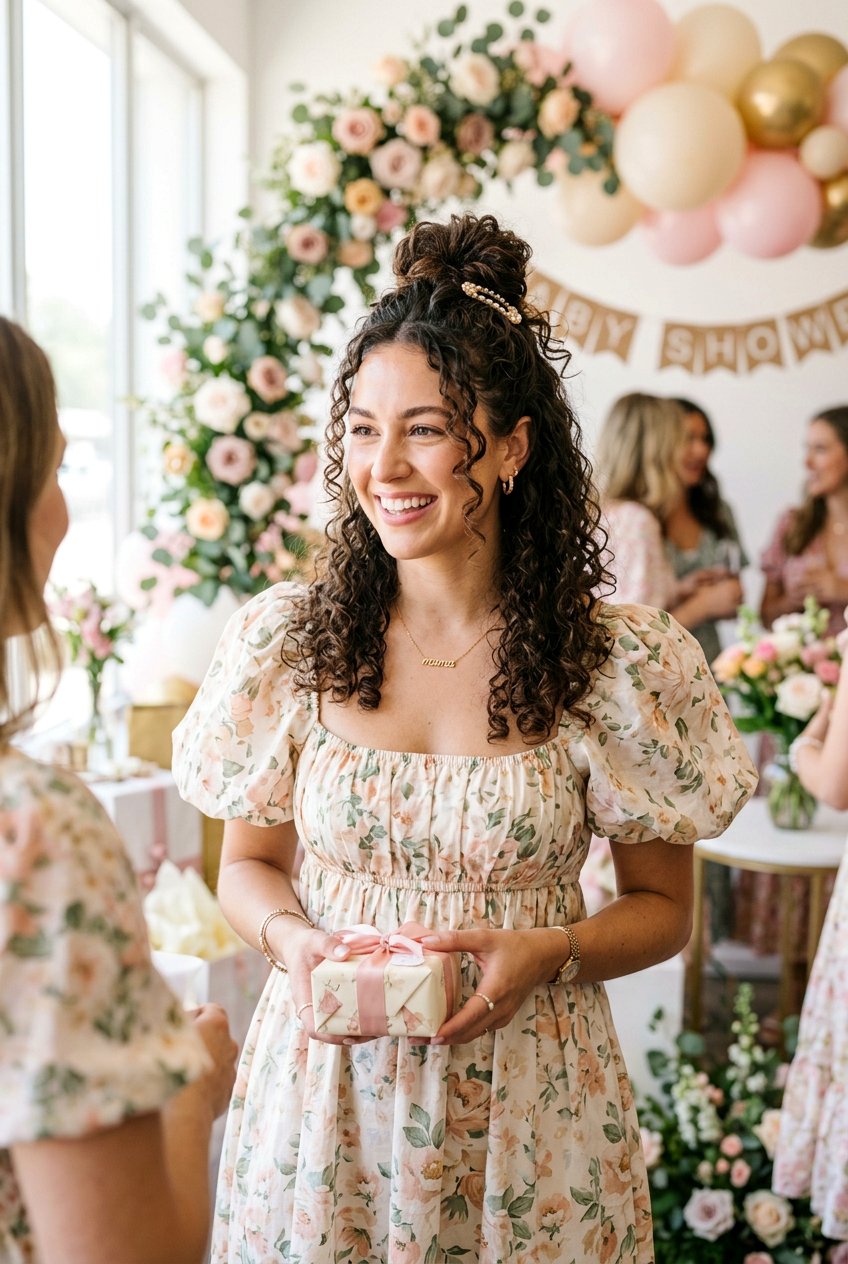 Curly Half Up Top Knot Baby Shower Hair - 20 baby shower curls hairstyle - 20 baby shower curls hairstyle