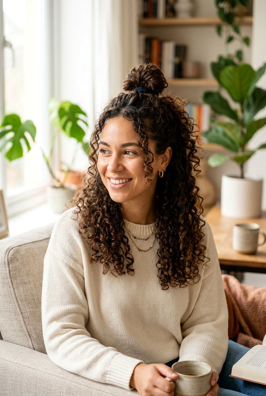 Curly Half Up Top Knot For Humid Days - 20 humid weather curly hairstyles - 20 humid weather curly hairstyles