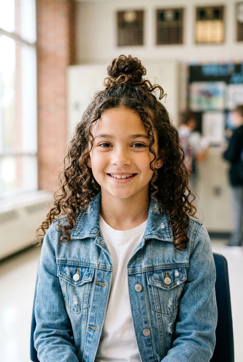 Curly Half Up Top Knot For School Photos - 20 school picture day curls - 20 school picture day curls