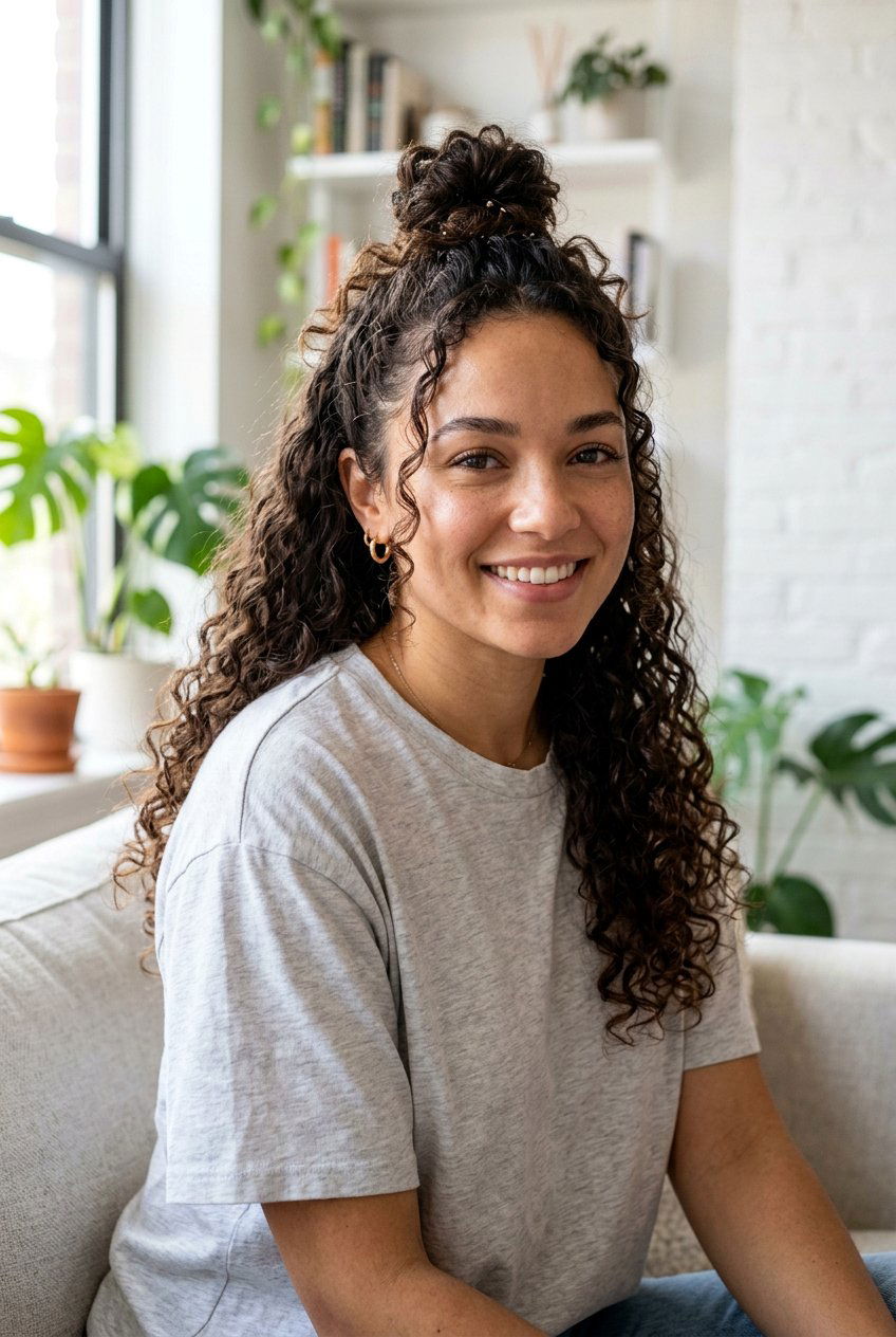 Curly Half Up Top Knot For Summer - 20 summer hairstyles for curly hair - 20 summer hairstyles for curly hair