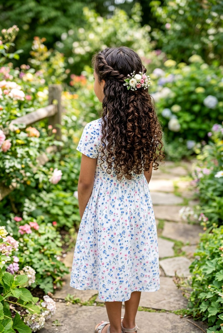 Curly Half Up Twist With Floral Clip - 20 flower girl hairstyles with curls - 20 flower girl hairstyles with curls