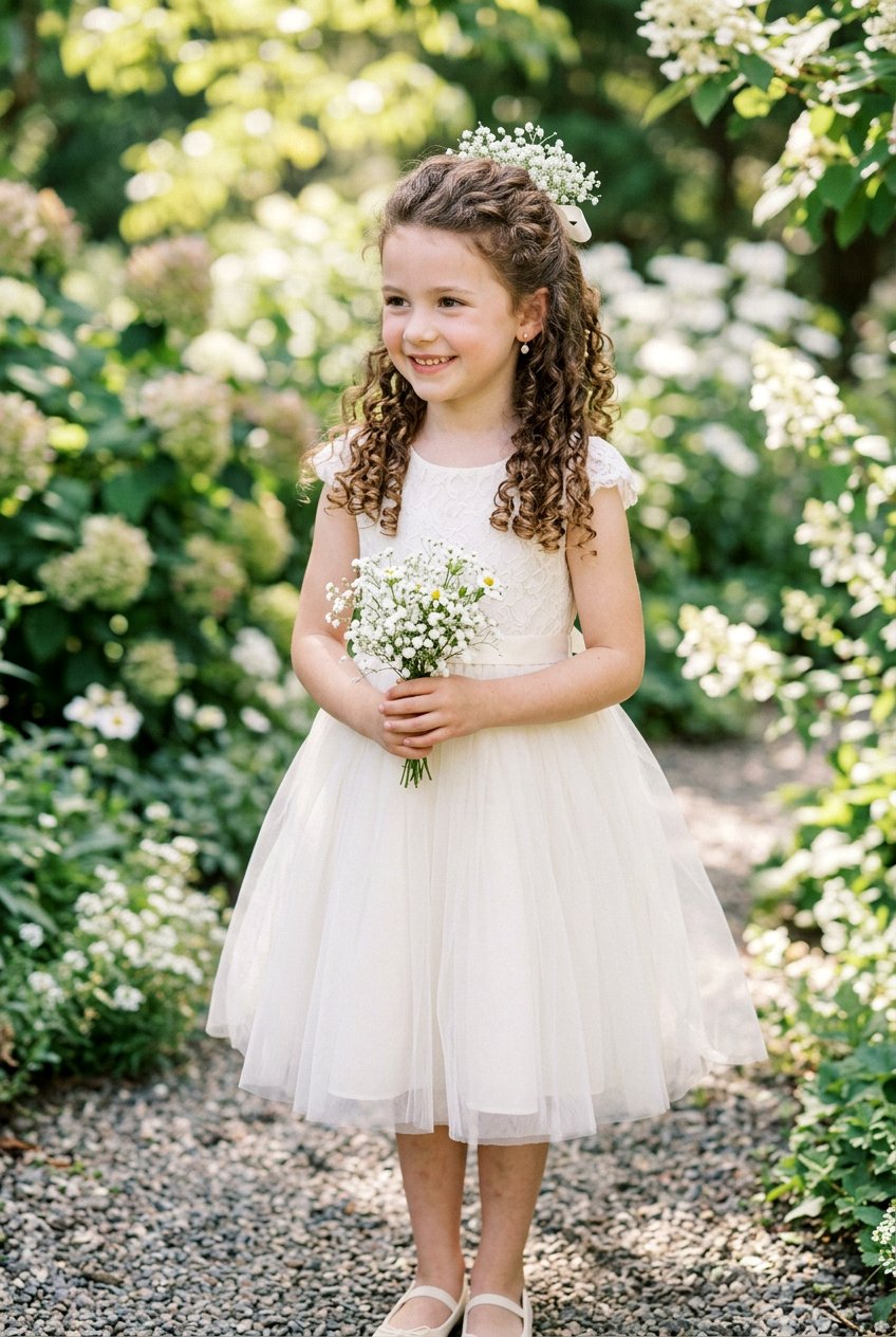 Curly Half Up With Babys Breath - 20 flower girl hairstyles with curls - 20 flower girl hairstyles with curls