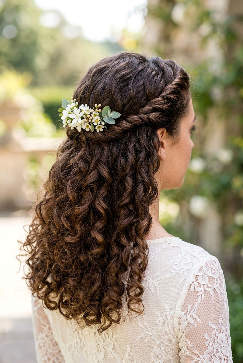 Curly Half Up with Twisted Crown - 20 prom hairstyles for curly hair - 20 prom hairstyles for curly hair