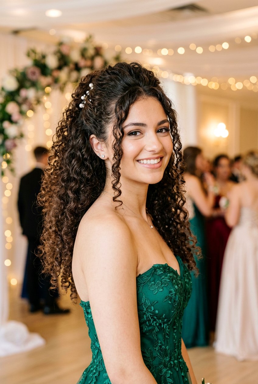Curly Half Up with Volume Prom Hairstyle - 20 prom hairstyles for medium hair - 20 prom hairstyles for medium hair