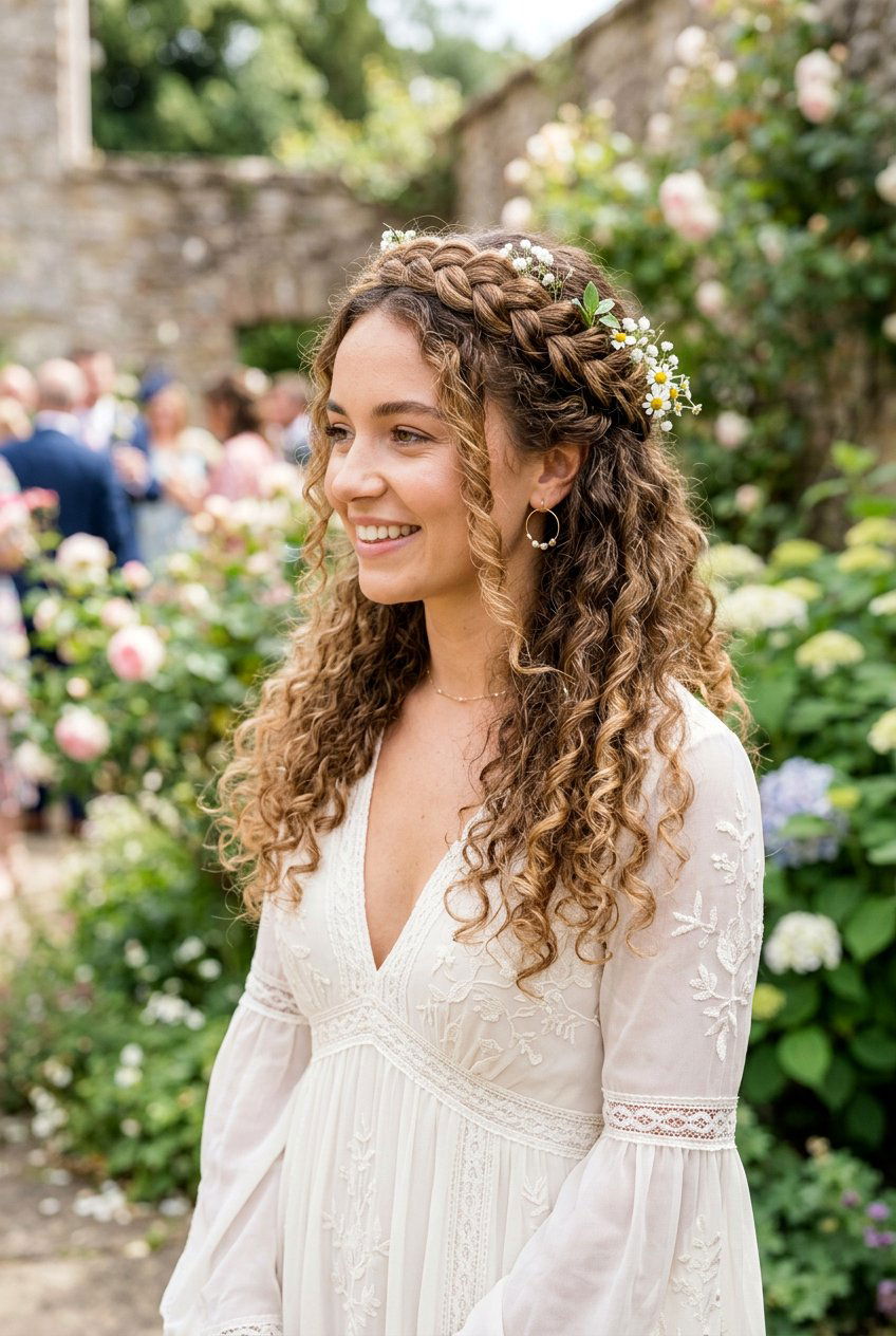 Curly Half Updo with Wrapped Braid Crown - 20 prom hairstyles for curly hair - 20 prom hairstyles for curly hair