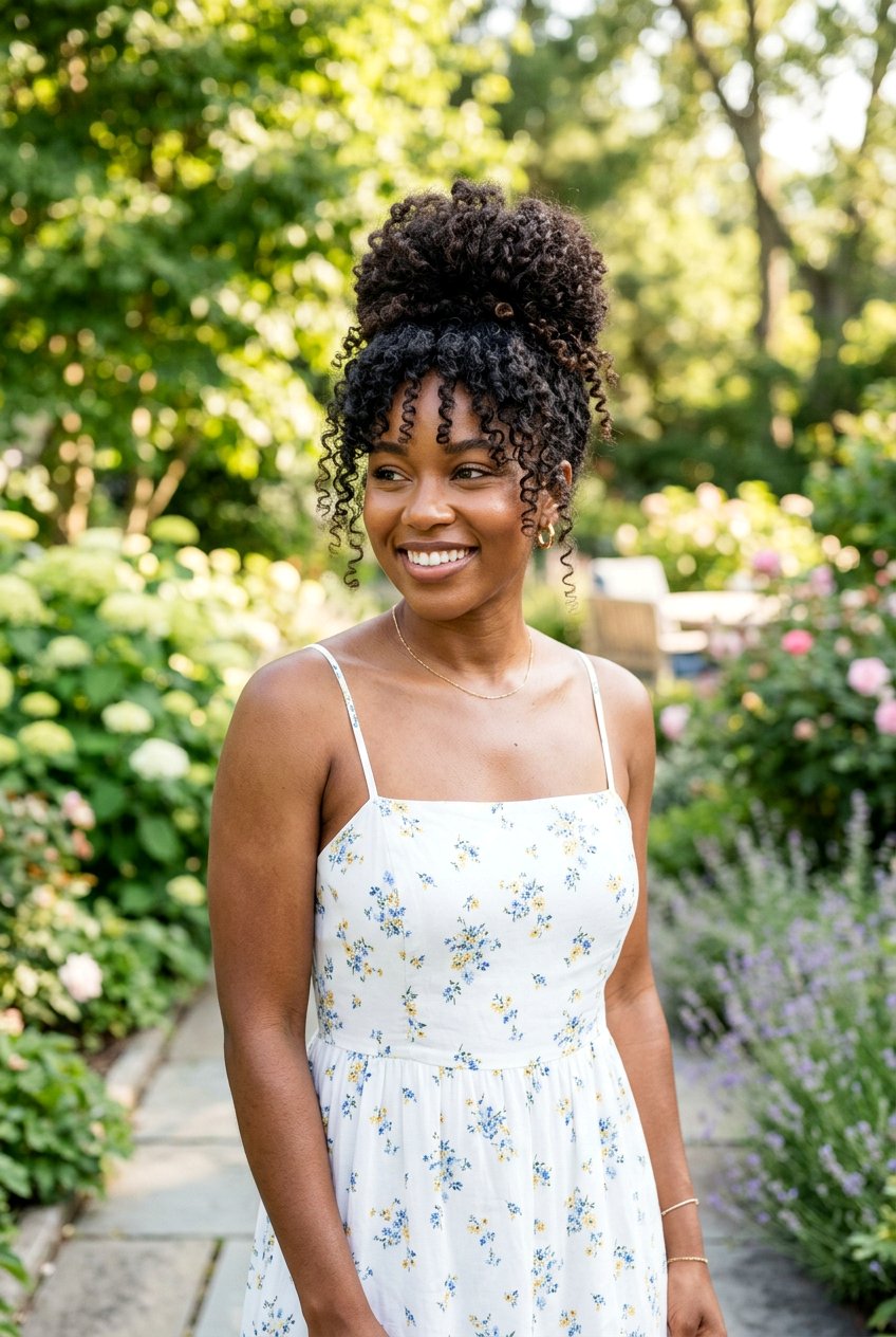 Curly High Bun For Humid Days - 20 humid weather curly hairstyles - 20 humid weather curly hairstyles