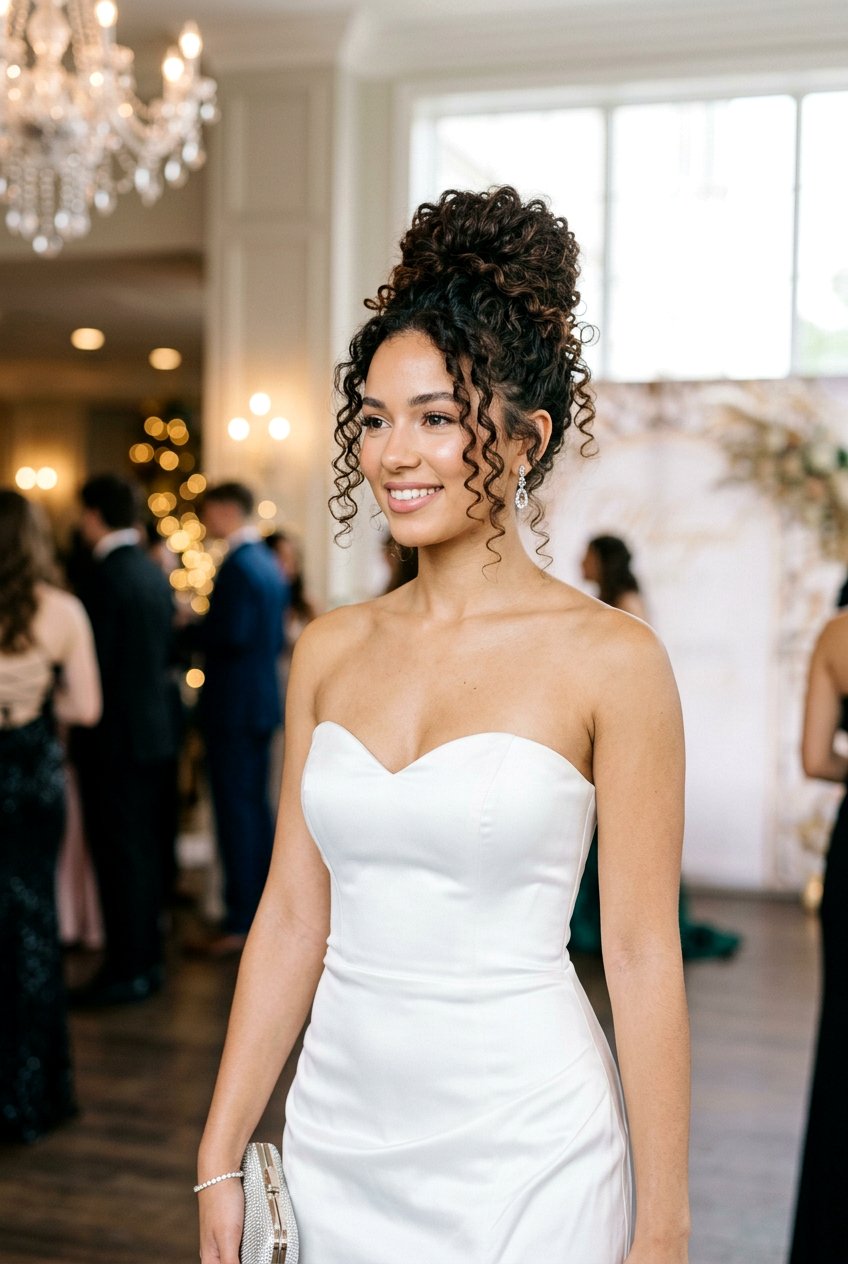 Curly High Bun Prom Updo - 20 prom hairstyles for curly hair - 20 prom hairstyles for curly hair