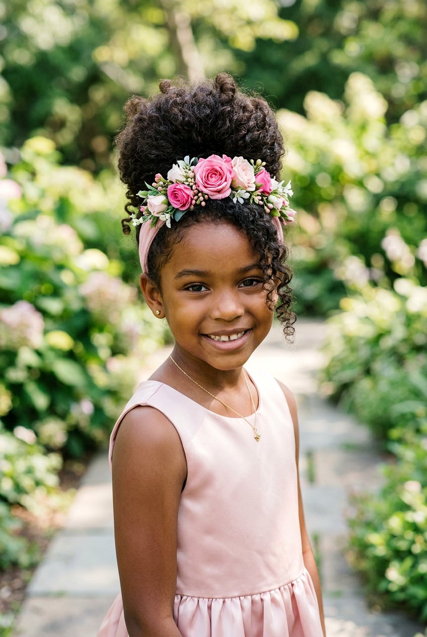 Curly High Bun With Floral Headband - 20 flower girl hairstyles with curls - 20 flower girl hairstyles with curls