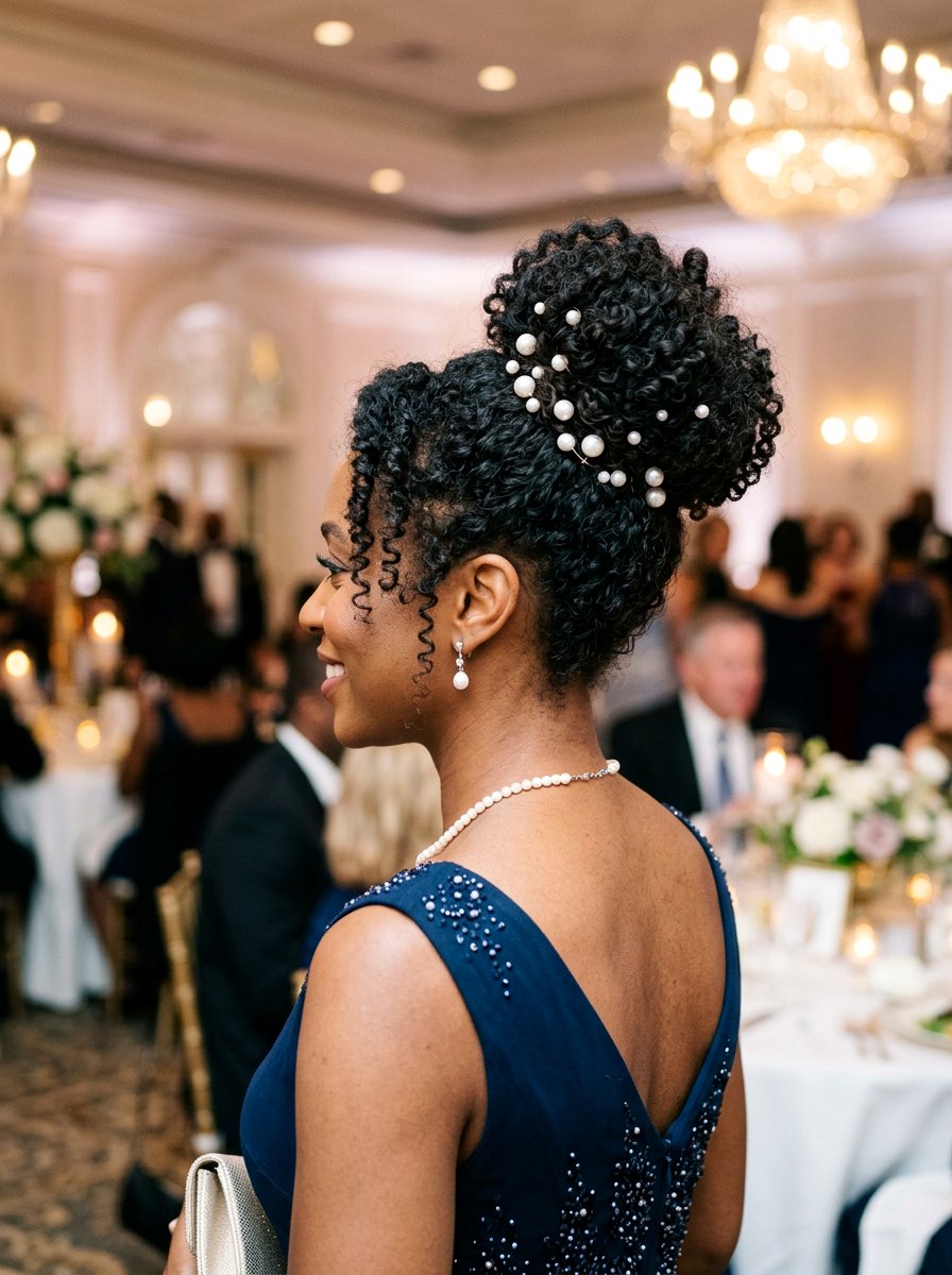 Curly High Bun With Pearl Pins - 20 recital hairstyles for curly hair - 20 recital hairstyles for curly hair