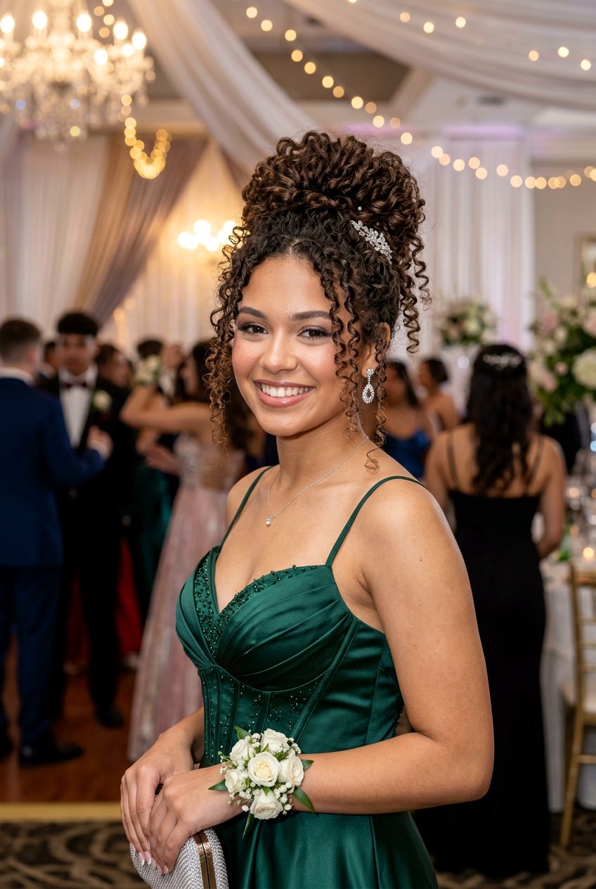 Curly High Bun for Prom - 20 senior prom bun hairstyle - 20 senior prom bun hairstyle