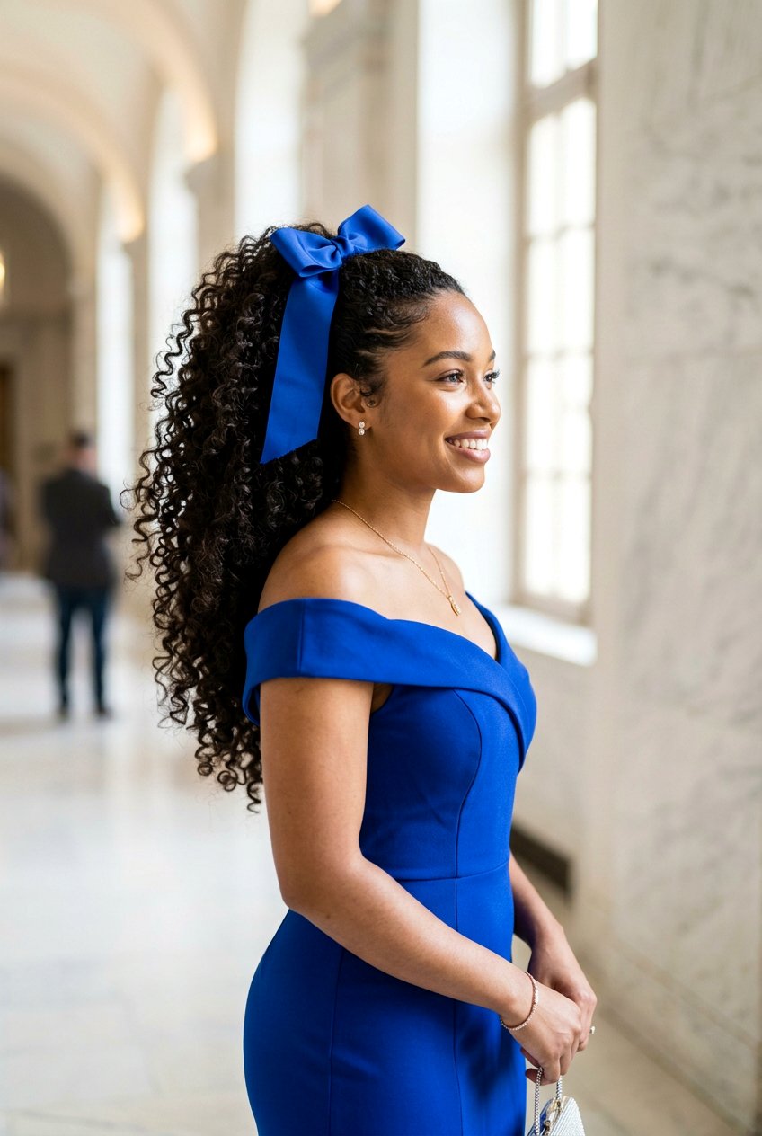 Curly High Ponytail With Bow Detail - 20 graduation ponytail with curls - 20 graduation ponytail with curls