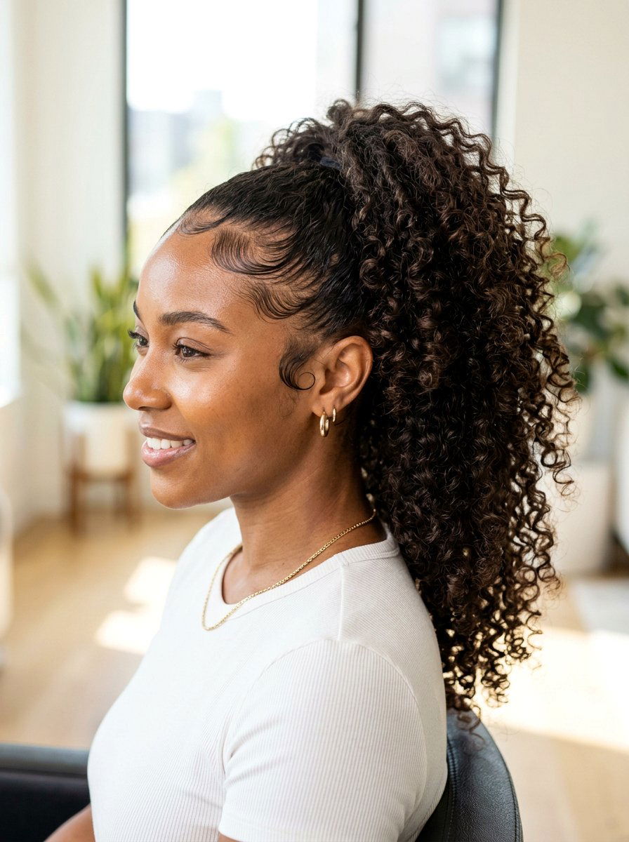 Curly High Ponytail With Edge Control - 20 cute ponytail hairstyle ideas for school - 20 cute ponytail hairstyle ideas for school