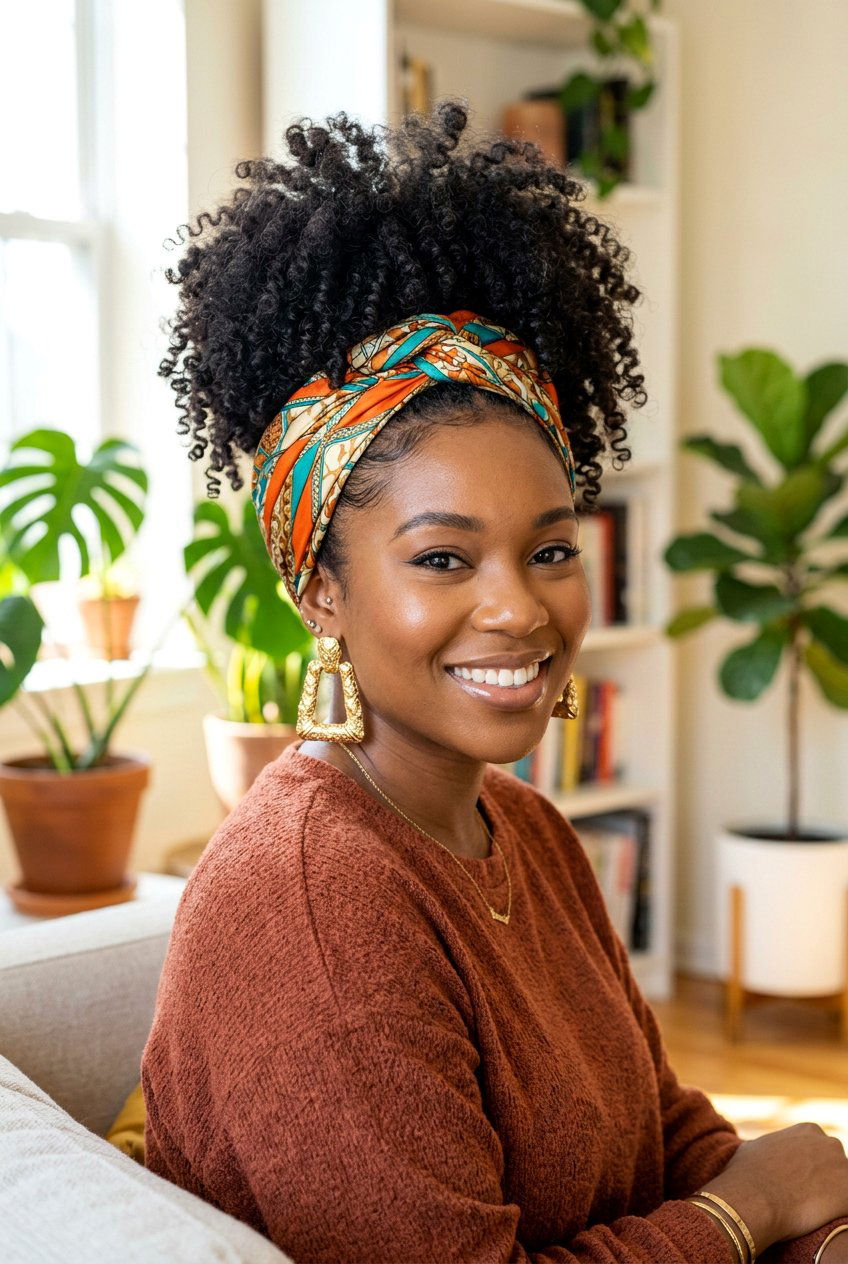 Curly High Ponytail With Head Wrap Scarf - 20 scarf ponytail hairstyle - 20 scarf ponytail hairstyle