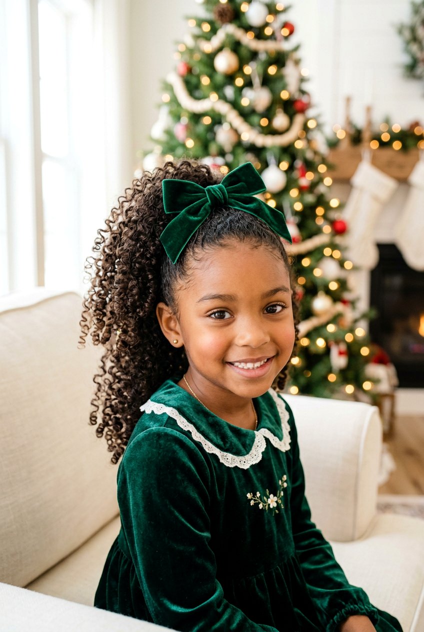 Curly High Ponytail With Velvet Ribbon Bow - 20 little girls ponytail with ribbon bow - 20 little girls ponytail with ribbon bow