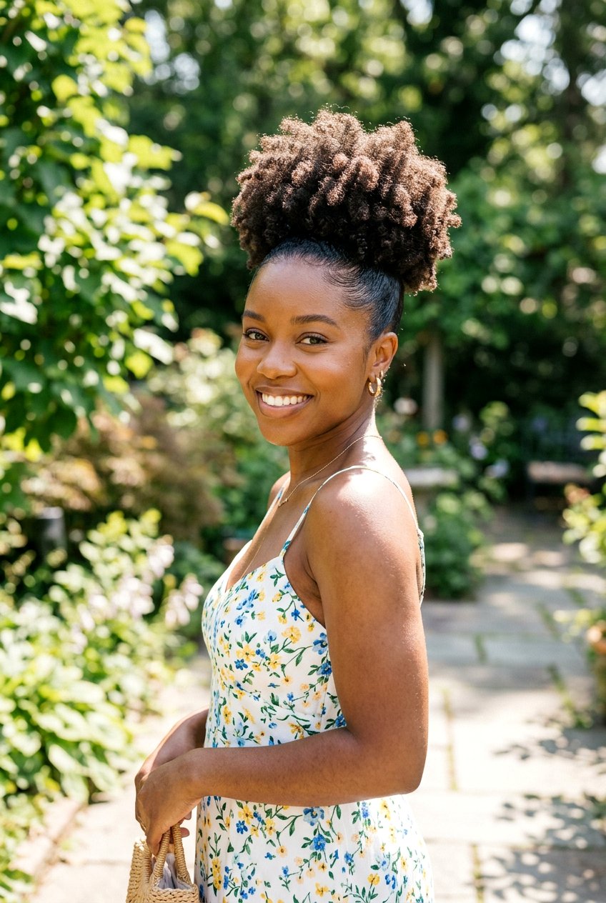 Curly High Puff For Summer - 20 summer hairstyles for curly hair - 20 summer hairstyles for curly hair