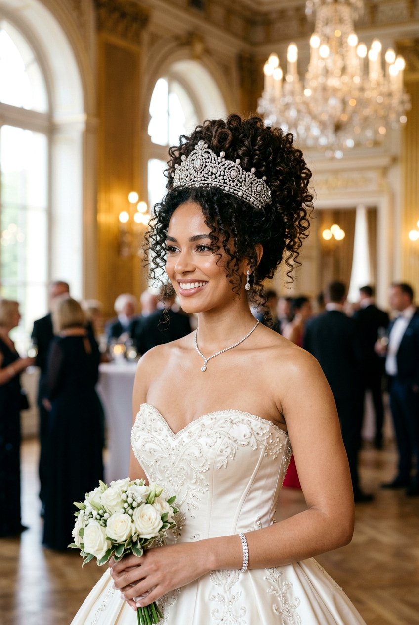 Curly High Updo With Statement Tiara - 20 bridal curls with tiara - 20 bridal curls with tiara