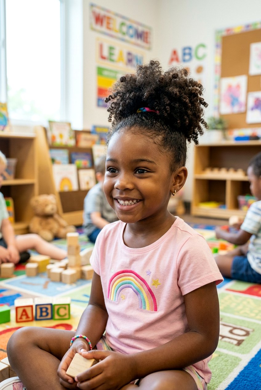 Curly Kindergarten Hairstyle With Puff Ponytail - 20 kindergarten hairstyles for girls - 20 kindergarten hairstyles for girls