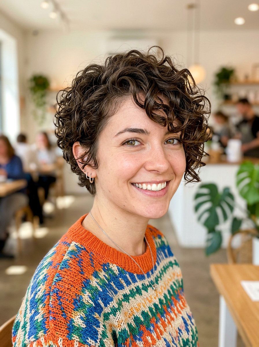 Curly Layered Pixie With Side Sweep - 20 layered pixie with side fringe - 20 layered pixie with side fringe