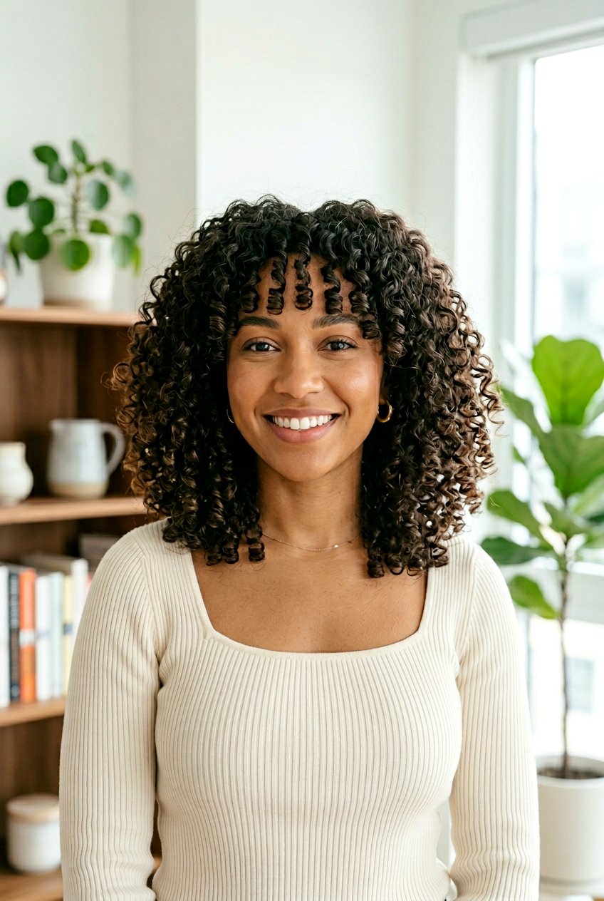 Curly Lob With Curtain Bangs For 3B Curls - 20 curly lob with curtain bangs - 20 curly lob with curtain bangs