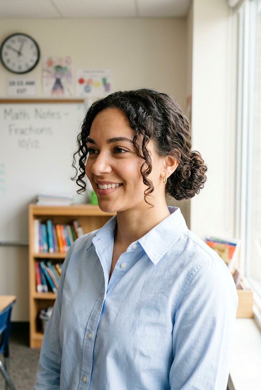 Curly Low Bun For Classroom Days - 20 teacher hairstyles for curly hair - 20 teacher hairstyles for curly hair