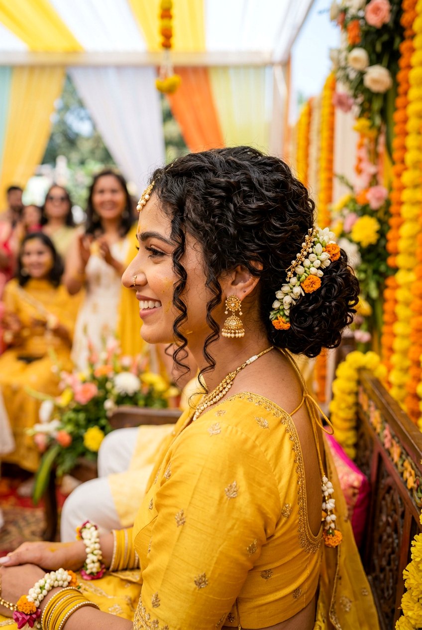 Curly Low Bun Haldi Hairstyle For Bride - 20 haldi hairstyles for bride - 20 haldi hairstyles for bride