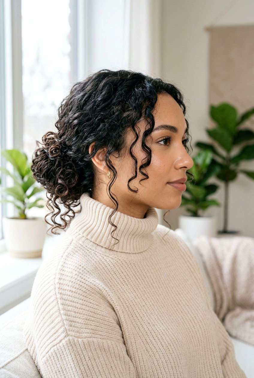 Curly Low Bun With Face Framing Pieces - 20 festive curls hairstyle - 20 festive curls hairstyle