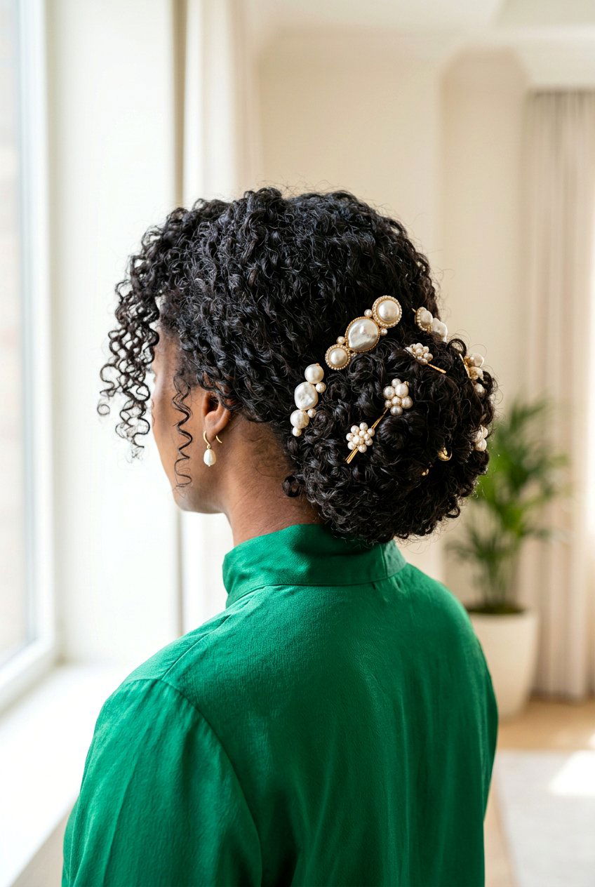 Curly Low Bun With Pearl Embellishments - 20 birthday hairstyle with low bun and pearls - 20 birthday hairstyle with low bun and pearls