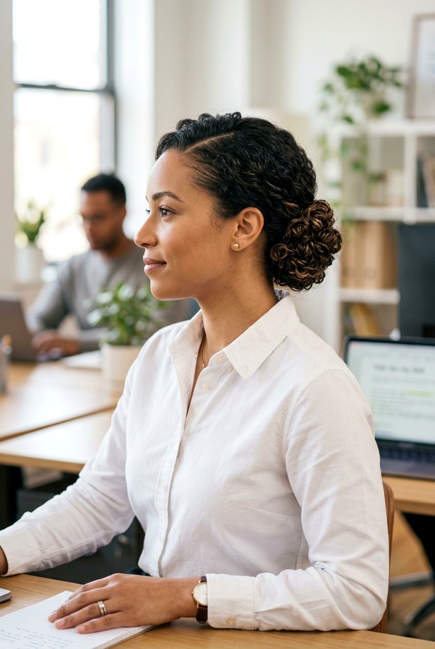Curly Low Chignon For Office - 20 curly work hairstyles - 20 curly work hairstyles
