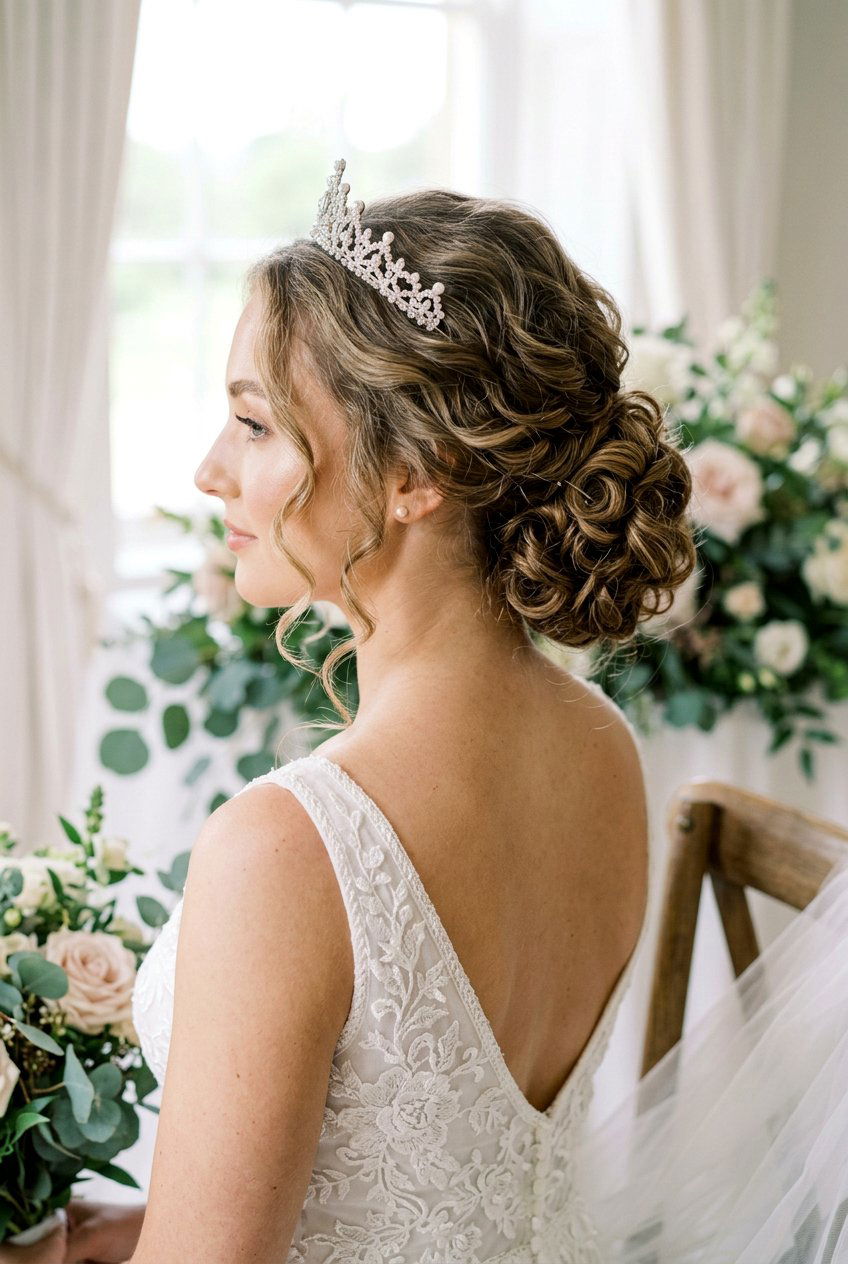 Curly Low Chignon With Tiara - 20 bridal curls with tiara - 20 bridal curls with tiara