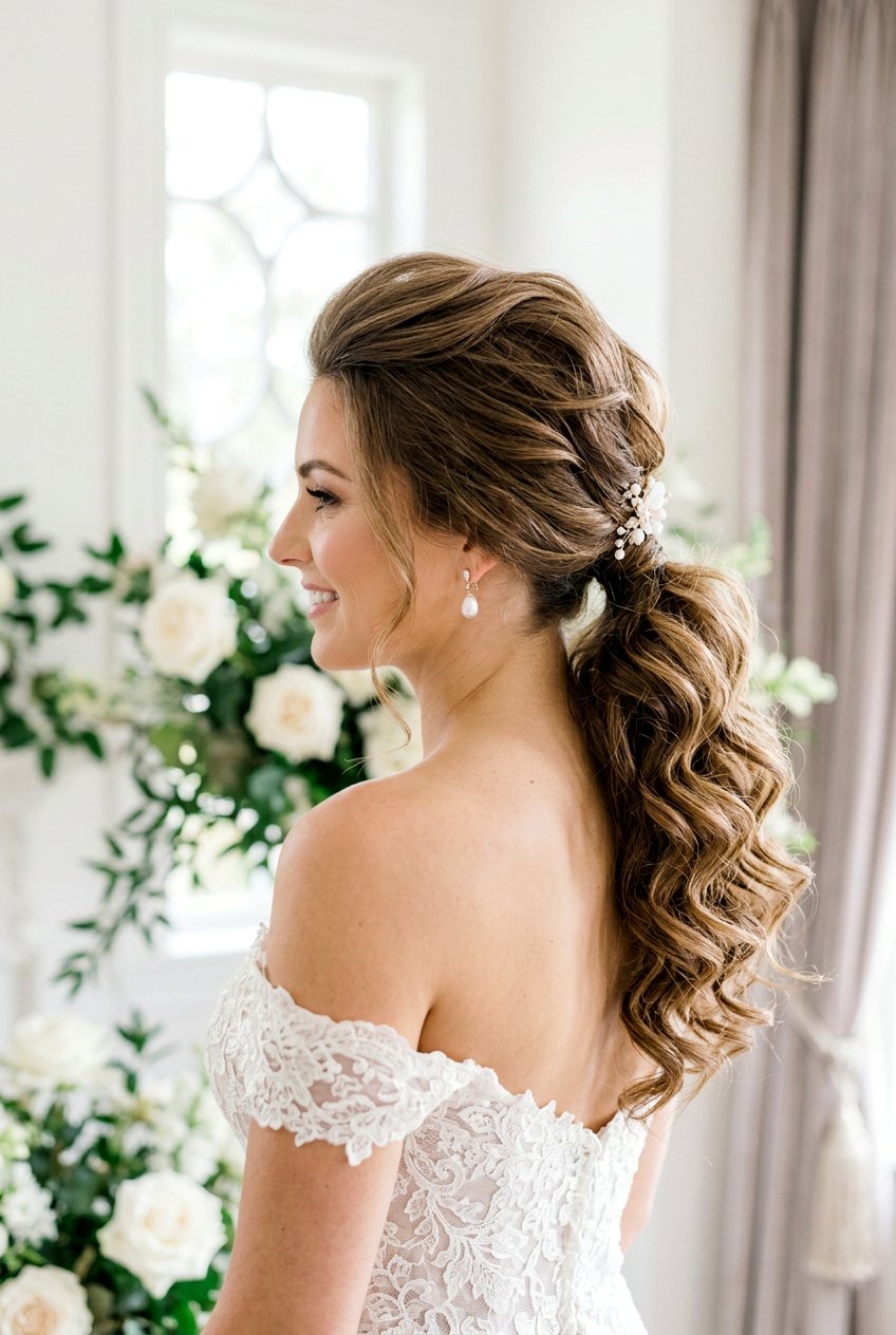 Curly Low Pony - 20 elegant bridal hairstyle for medium hair - 20 elegant bridal hairstyle for medium hair