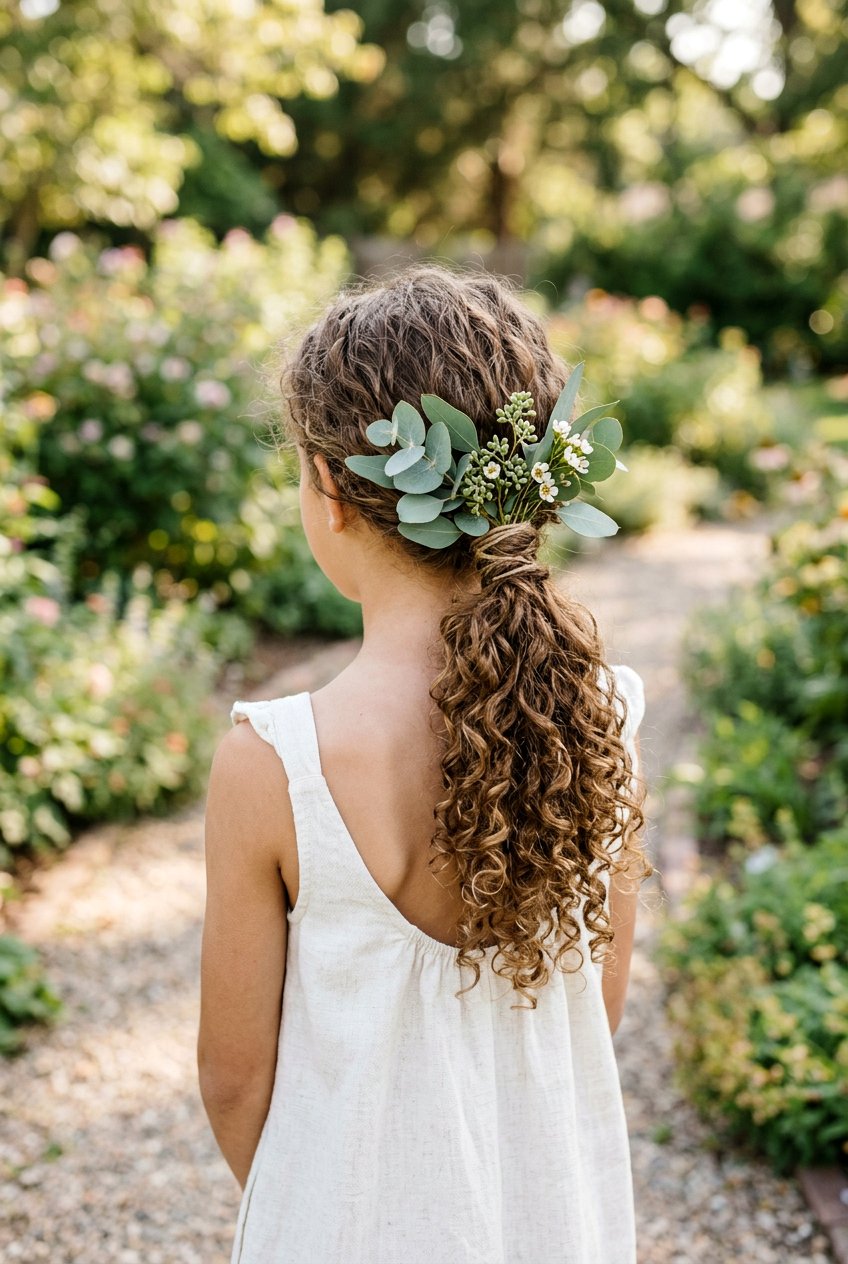 Curly Low Ponytail With Greenery - 20 flower girl hairstyles with curls - 20 flower girl hairstyles with curls