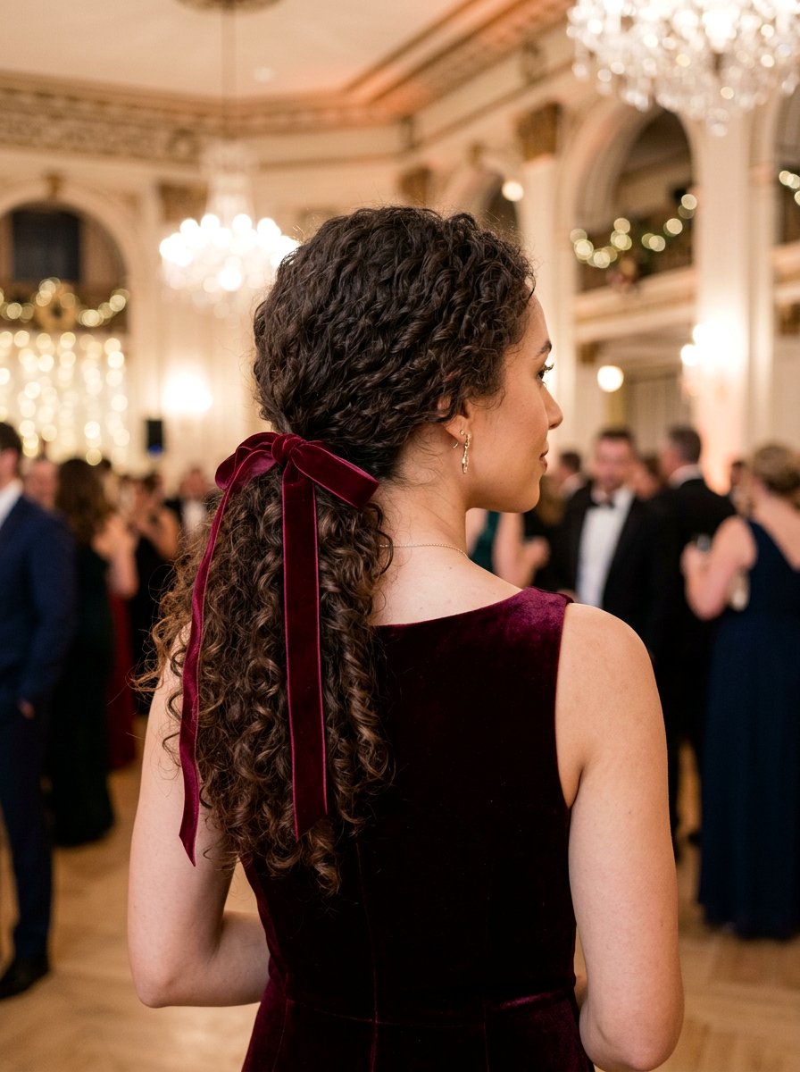 Curly Low Ponytail With Velvet Ribbon - 20 recital hairstyles for curly hair - 20 recital hairstyles for curly hair