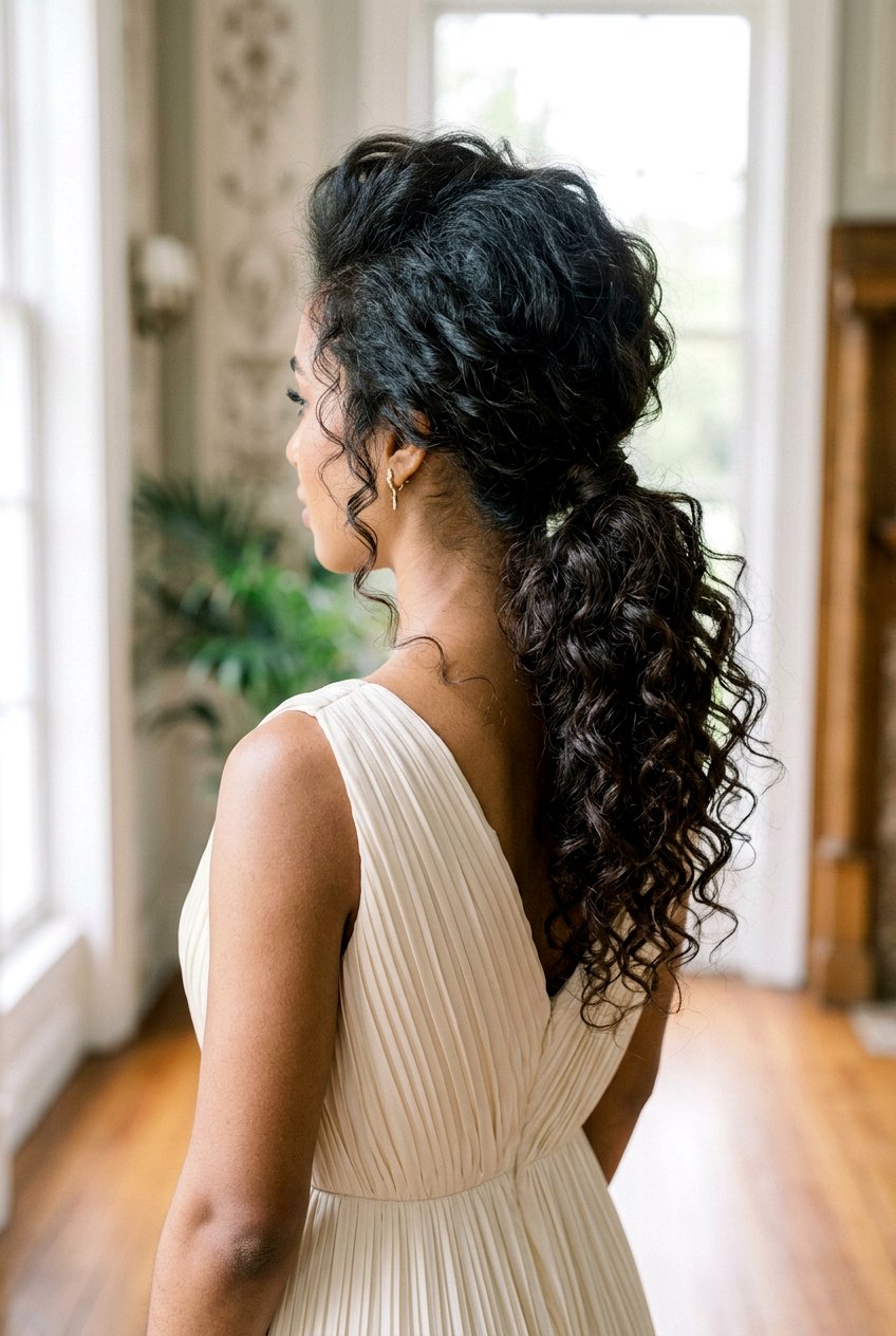 Curly Low Ponytail with Volume at the Crown - 20 dinner ponytail with curls - 20 dinner ponytail with curls