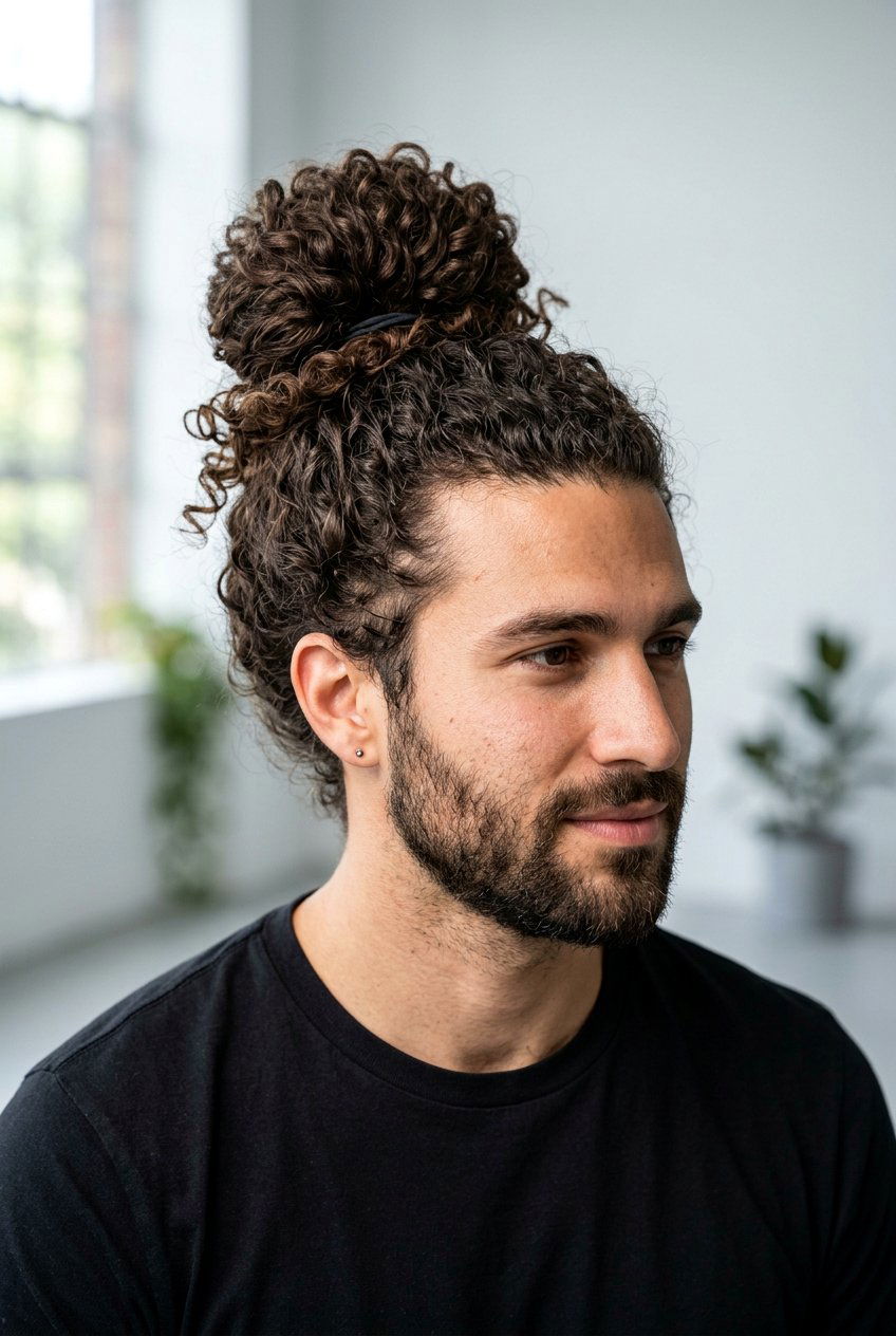 Curly Man Bun - 20 mens haircut for curly thick hair - 20 men’s haircut for curly thick hair