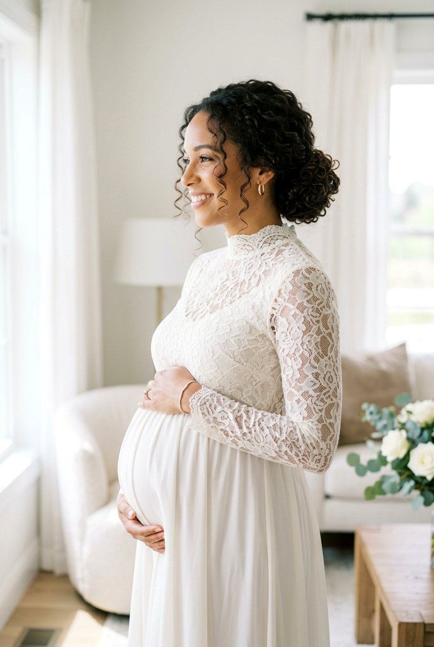 Curly Maternity Bun With Tendrils - 20 maternity shoot curls hairstyle - 20 maternity shoot curls hairstyle