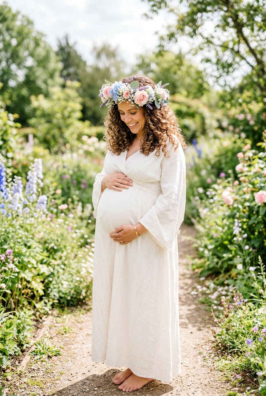 Curly Maternity Hair With Flower Crown - 20 maternity shoot curls hairstyle - 20 maternity shoot curls hairstyle