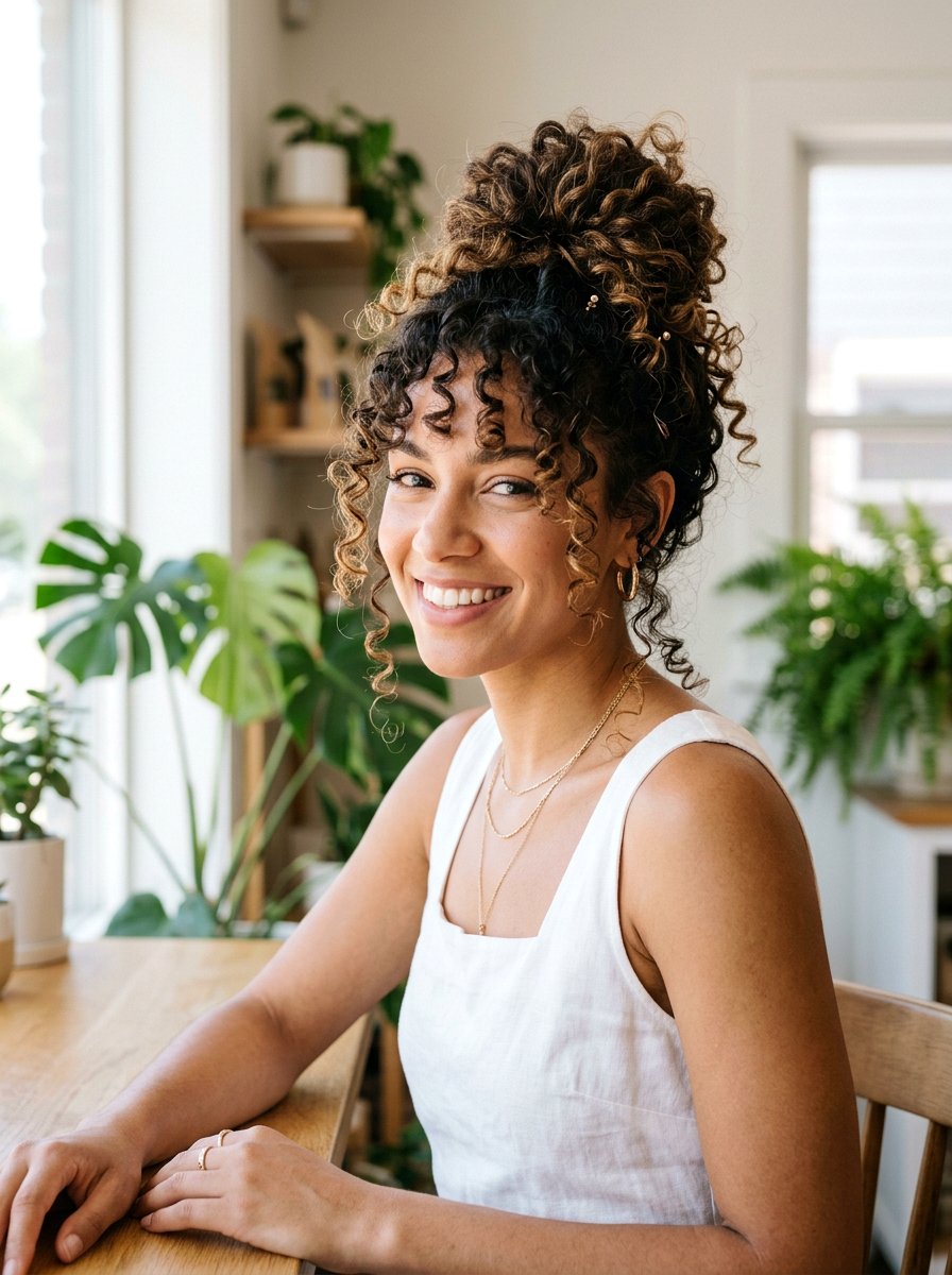 Curly Messy Bun Updo - 20 date night hairstyle for curly hair women - 20 date night hairstyle for curly hair women