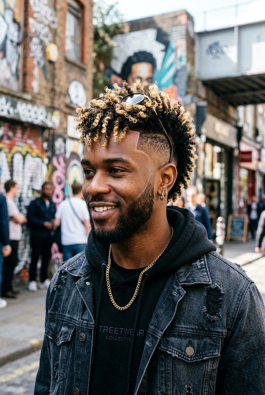 Curly Mohawk Taper with Blonde Highlights - 20 curly taper cut with blonde highlights - 20 curly taper cut with blonde highlights