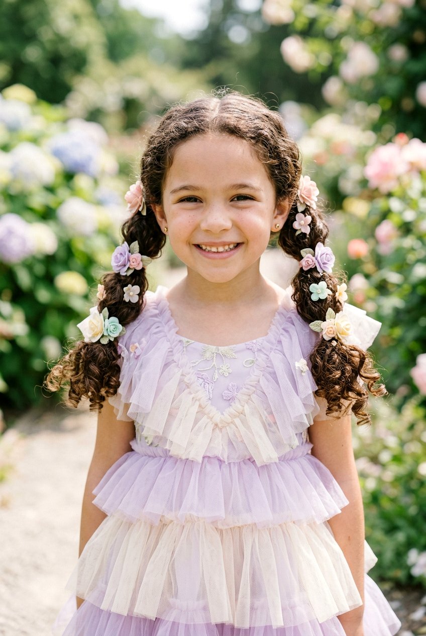 Curly Pigtails With Flower Clips - 20 flower girl hairstyles with curls - 20 flower girl hairstyles with curls