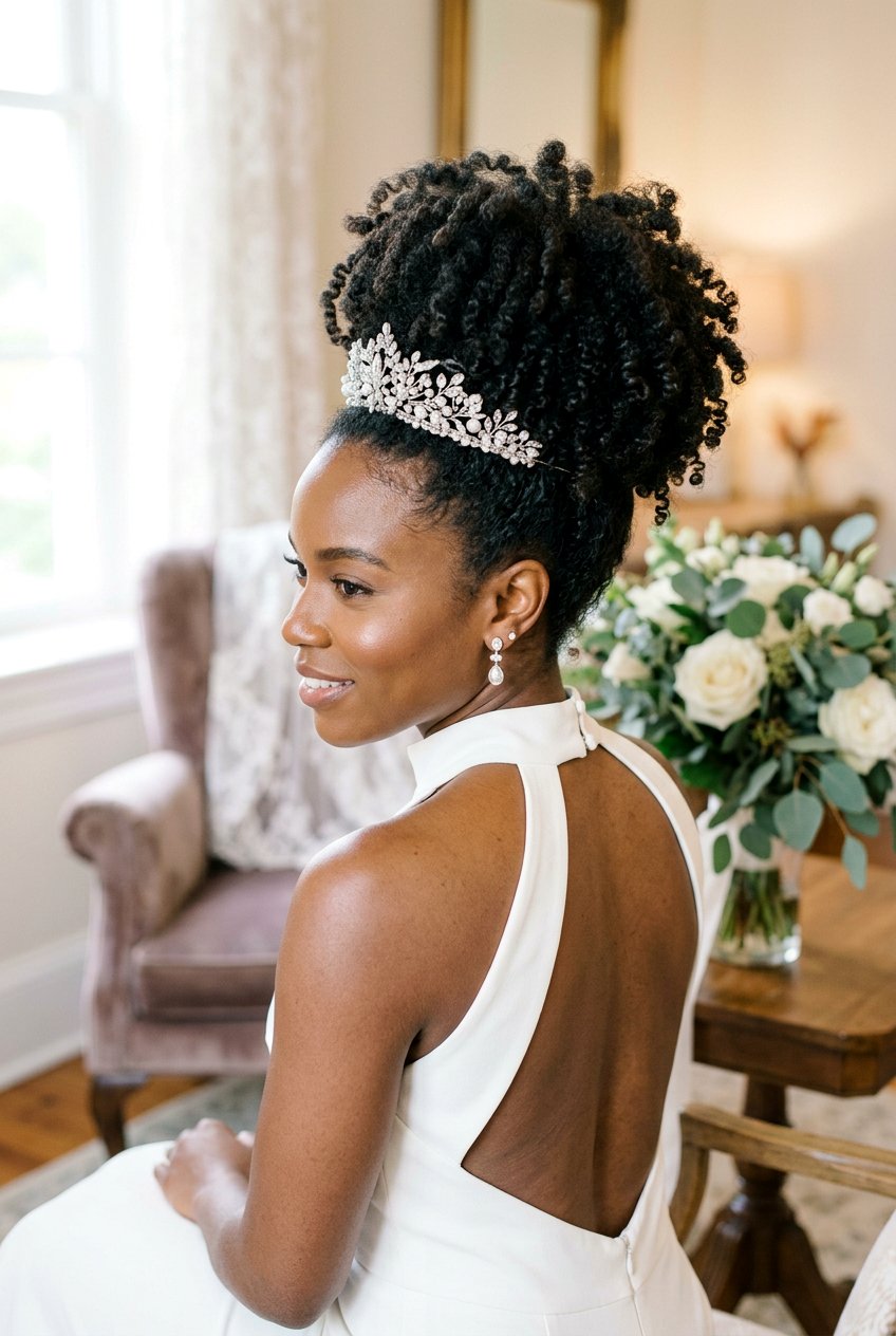 Curly Pineapple Updo With Tiara - 20 bridal curls with tiara - 20 bridal curls with tiara
