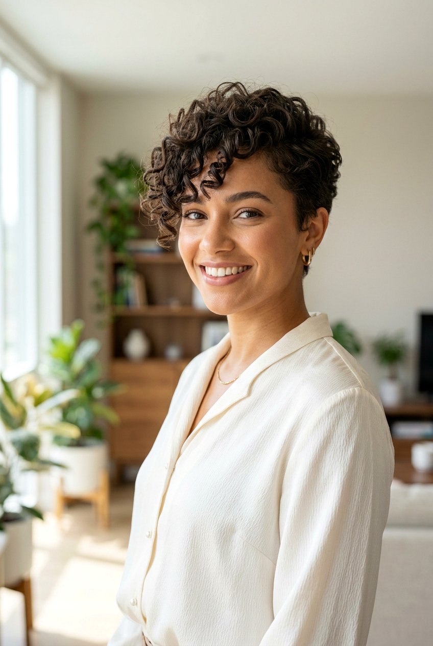 Curly Pixie With Side Swept Bangs - 20 curly haircut for women over 60 - 20 curly haircut for women over 60