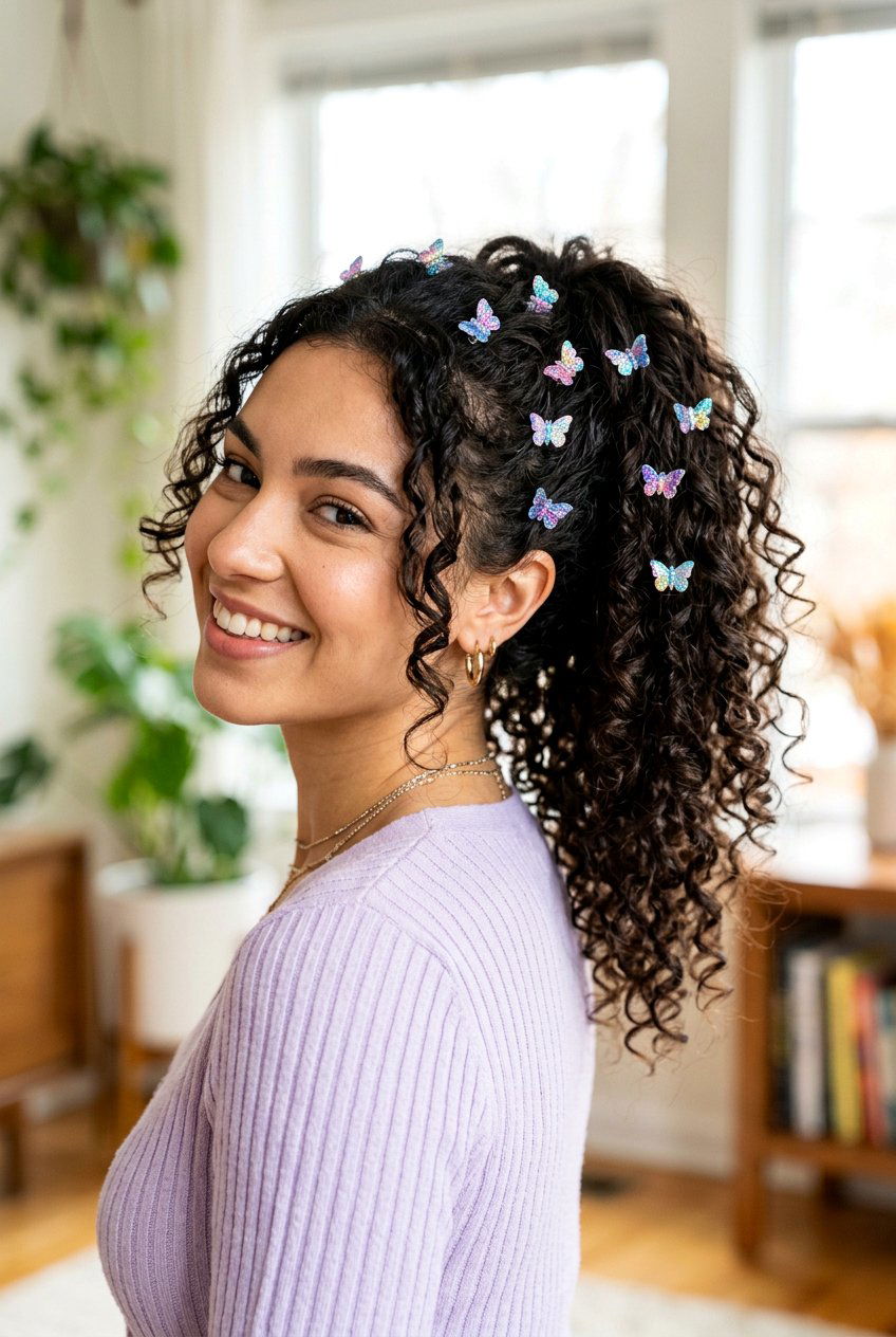 Curly Ponytail With Butterfly Clips - 20 soft girl ponytail with curls - 20 soft girl ponytail with curls