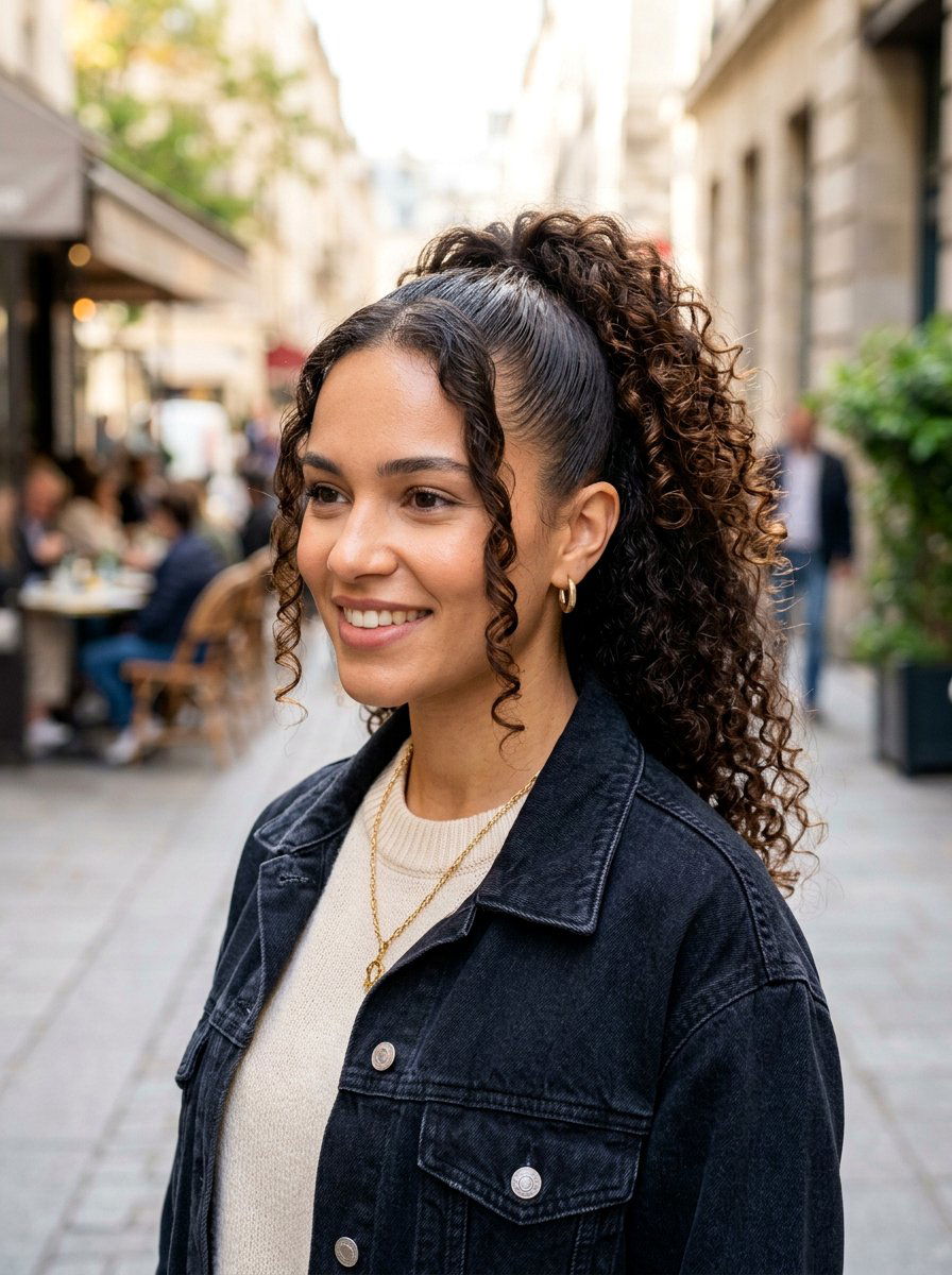 Curly Ponytail With Face Framing Pieces - 20 soft glam hairstyle for curly hair - 20 soft glam hairstyle for curly hair