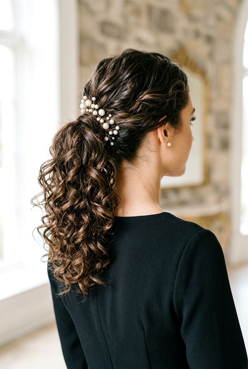 Curly Ponytail With Pearl Accessories - 20 graduation ponytail with curls - 20 graduation ponytail with curls