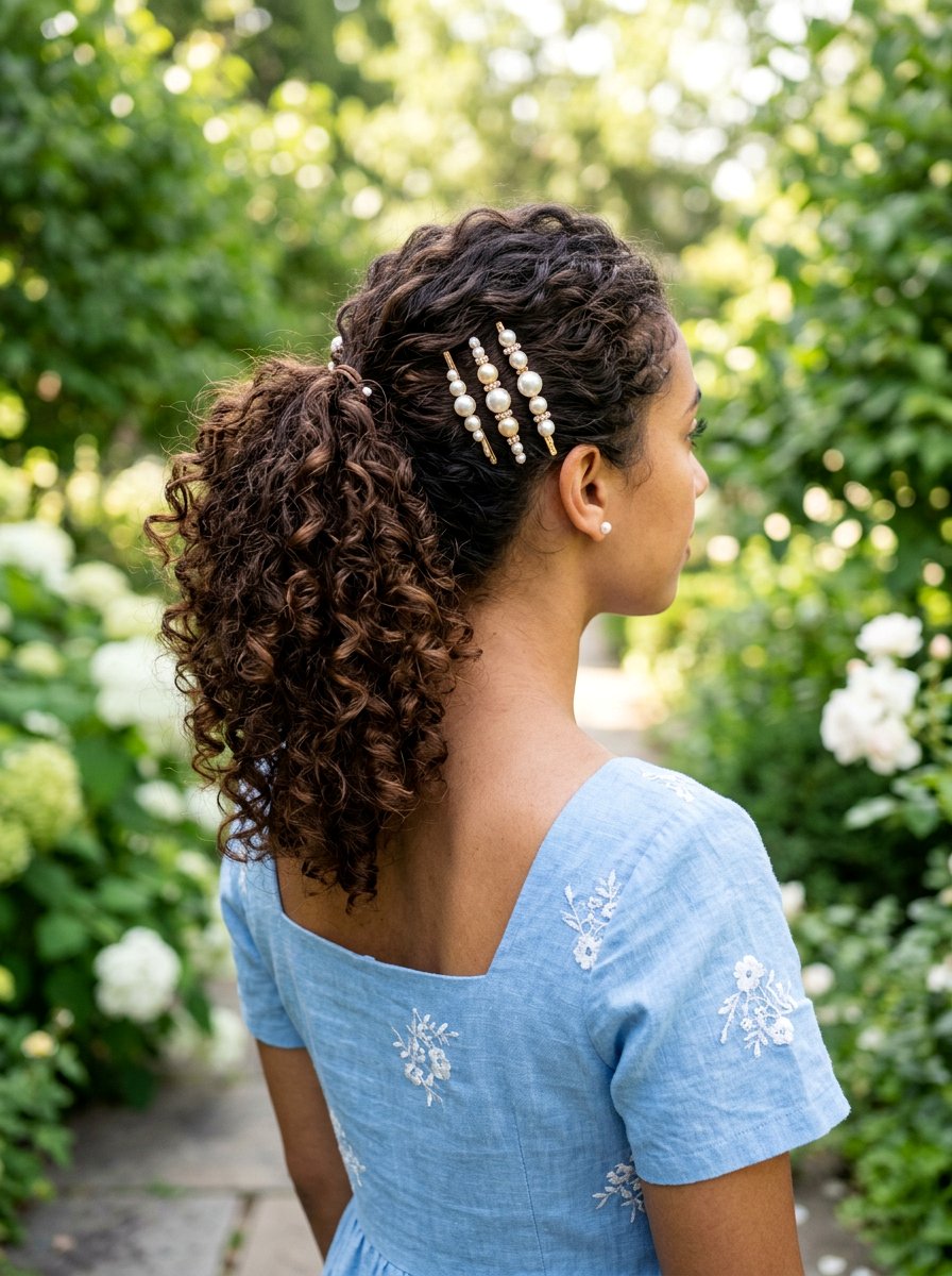 Curly Ponytail With Pearl Clips - 20 light academia ponytail hairstyle - 20 light academia ponytail hairstyle